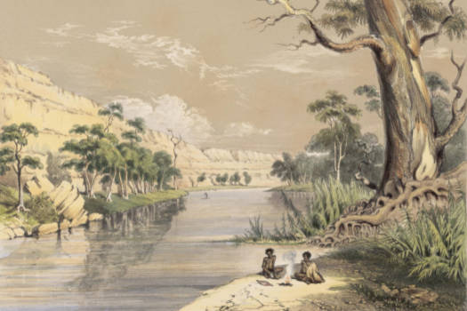 Old painting of Aboriginal life on the Murray