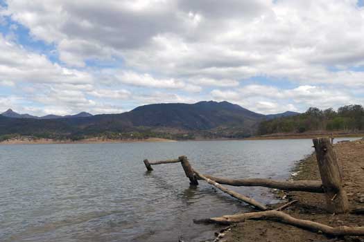 Forested mountains behind the lake